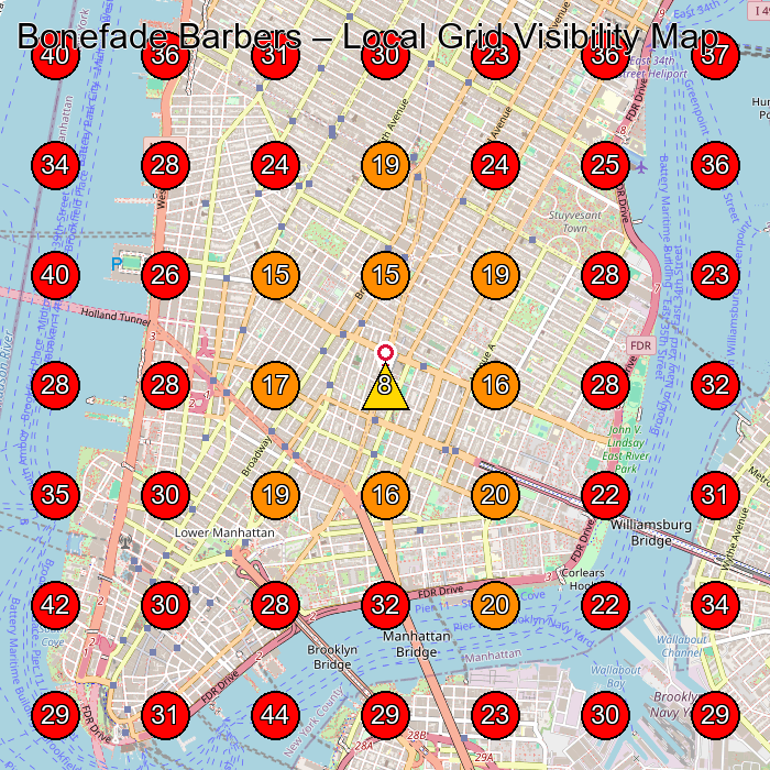Bonefade Barbers GeoGrid visibility map for Barber Shop in New York